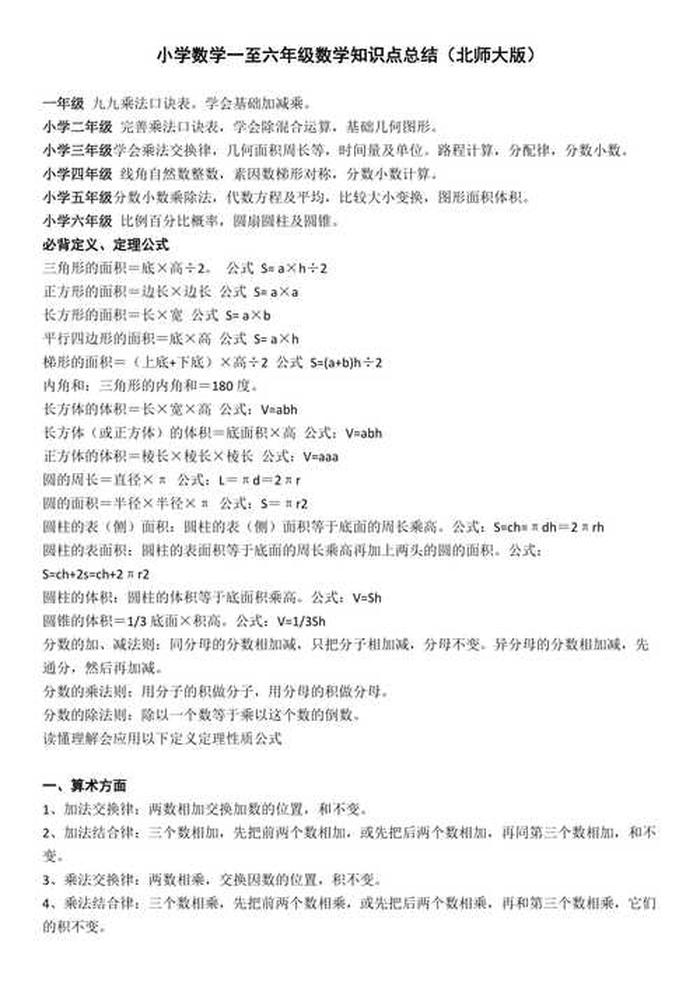中国必知知识点、关于一到六年级的所有知识点