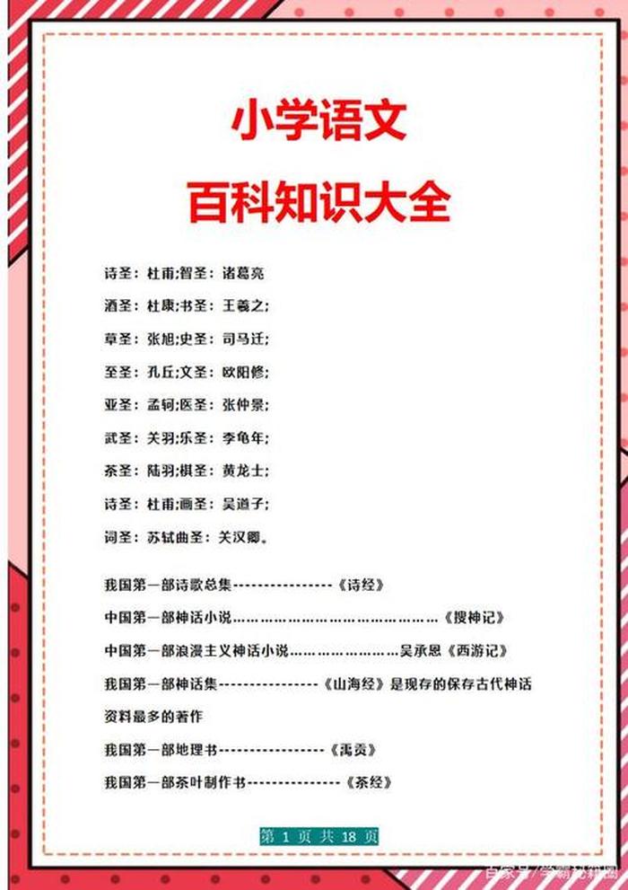 小学生百科常识知识点；小学生必考课外知识点