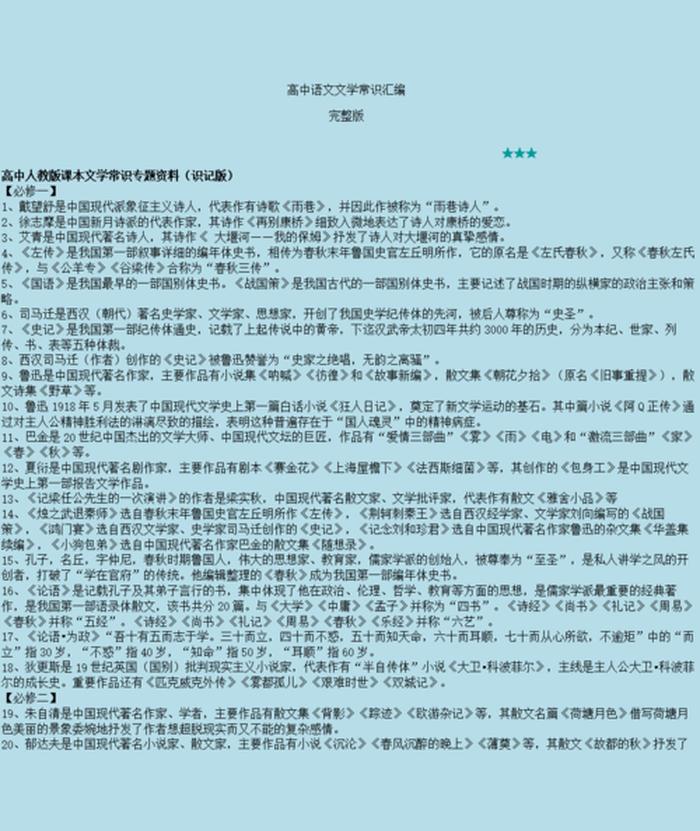 高中生文学常识必考大全 高中常考的文学常识