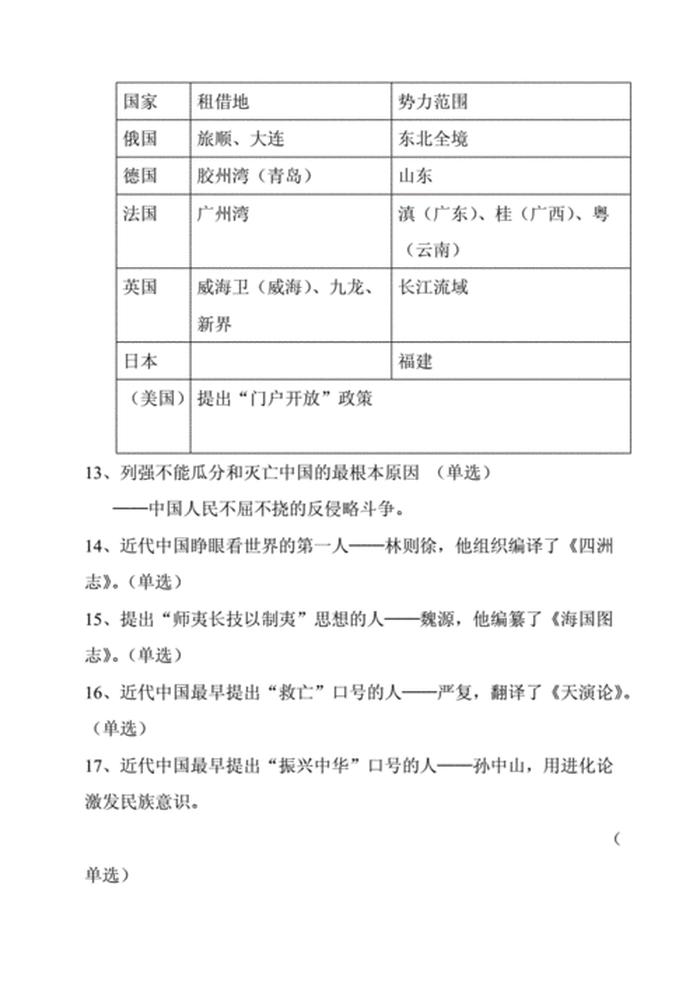 中国近代历史常识题500 中国近代史重要知识点