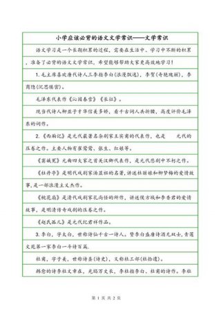 1-6年级必背文学常识带注音；《小学语文知识大全》文学常识