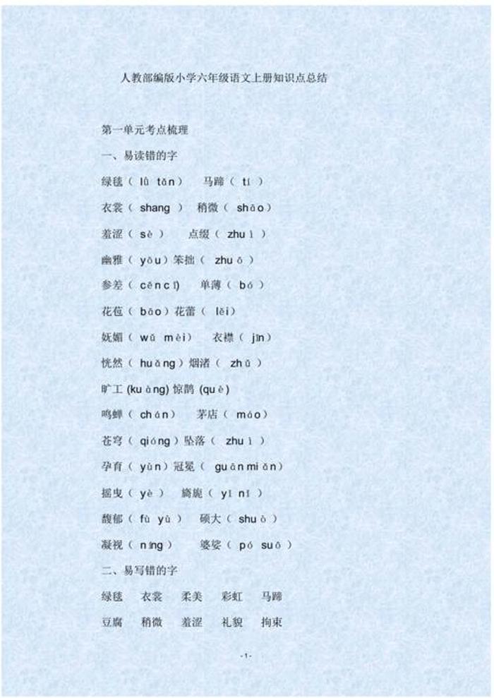 小学语文知识大全人教版、一到六年级语文知识大全