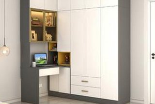 衣柜学习桌书架一体效果图；衣柜书桌一体效果图 拐角 小户型