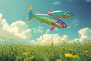 六六年的幸福生活空中两条鱼；六六年的幸福的生活