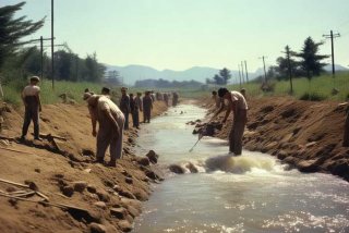 60年代兴修瓦东干渠场景，瓦东干渠源头
