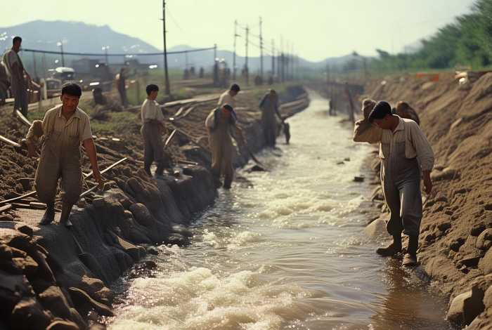60年代兴修瓦东干渠场景，瓦东干渠源头