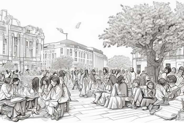 表现校园生活的线描，表现校园生活的线描画