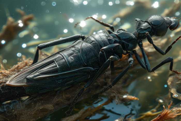 生活在水里的昆虫 黑色 装死时像枯树枝一样 生活在水里黑色的虫子 细