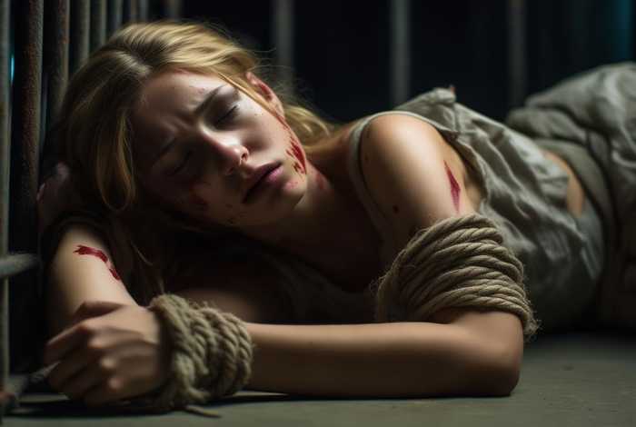 女囚犯受不了捆绑苦苦哀求 - 牢中女囚犯,因受不了这种生活,昏迷倒地