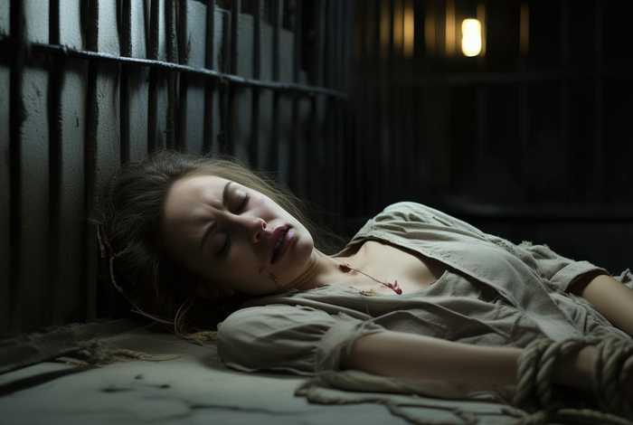 女囚犯受不了捆绑苦苦哀求 - 牢中女囚犯,因受不了这种生活,昏迷倒地