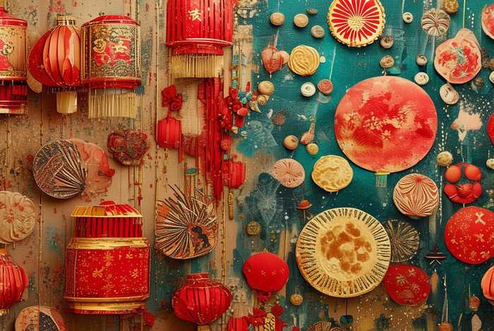 生活材料制作融和国庆与中秋元素的美术作品，手工以国庆和中秋为主题