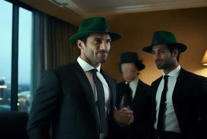 商务旅行戴绿帽子、商务旅行中戴绿色帽子的老板同行台词