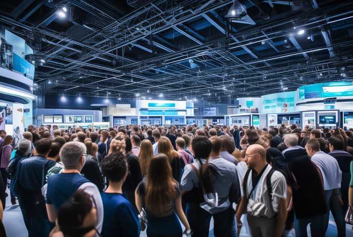 电子产品展览会背景视频人多，电子产品展会主题